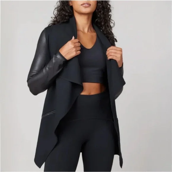SPANX Black Faux Leather Drape Front Convertible Ponte Jacket SZ S